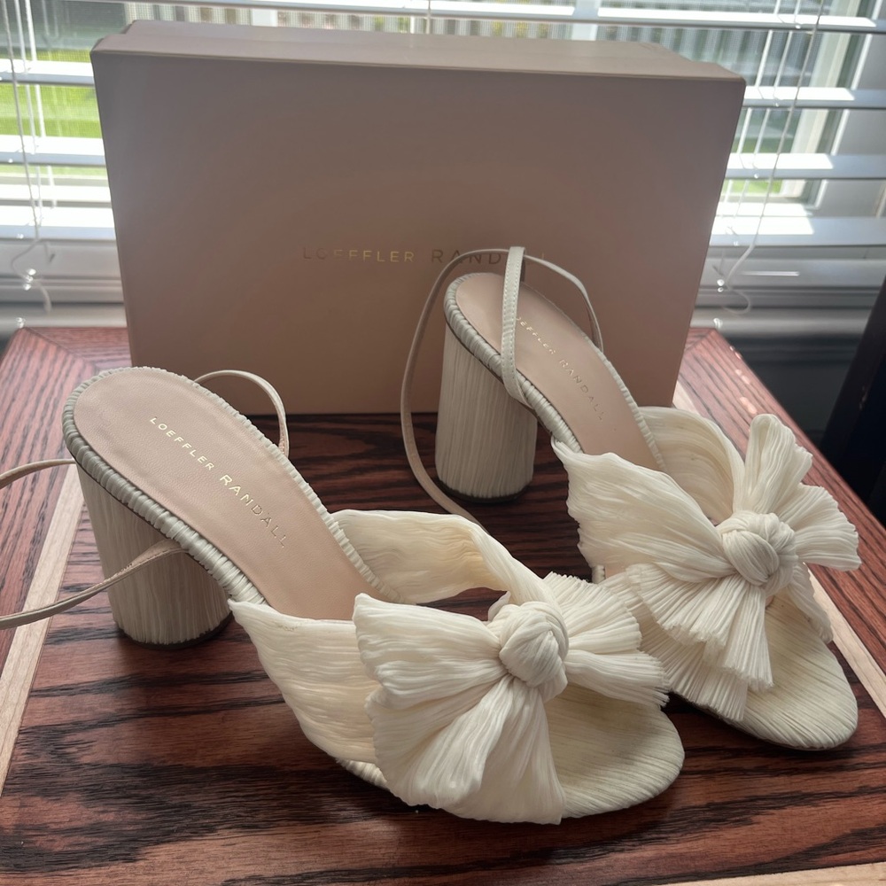 Loeffler Randall Camellia Pleated Bow Heels in Pearl with box | worn twice